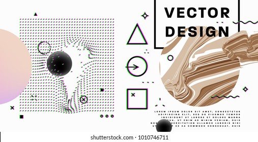 Abstract background with bauhaus, memphis, glitch and hipster style graphic geometric elements. Applicable for placards, brochures, posters, covers and banners. Vector illustrations.