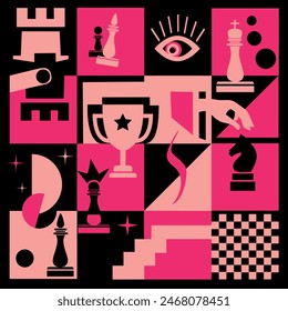 Abstract background in Bauhaus style. Chess pieces and chessboard. Poster, flyer, banner template.