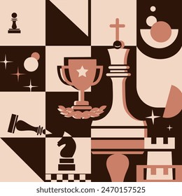 Abstract background in Bauhaus style. Chess pieces, board and prize cup. Poster, flyer, banner template in beige and brown colors.