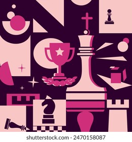 Abstract background in Bauhaus style. Chess pieces, board and prize cup. Poster, flyer, banner template in purple and pink colors.