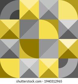 Abstract background, bauhaus style, geometric shape. Shapes of triangles, squares, circles, curved. Trend color 2021 yellow and gray. Elements for design, poster, tile, web, wall. Vector illustration.