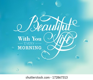 Abstract background. Beautiful blue color, water drops, vintage text. Vector illustration.
