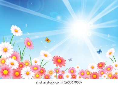 Abstract background beautiful and colorful flower for a spring time concept against blue sky and sun flare vector illustration