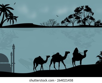 Abstract background with bedouin riding camel during the blue night , vector illustration
