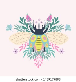 Abstract background with beetle and plants. Background in minimalistic style. Editable Vector illustration