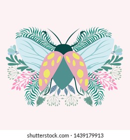 Abstract background with beetle and plants. Background in minimalistic style. Editable Vector illustration