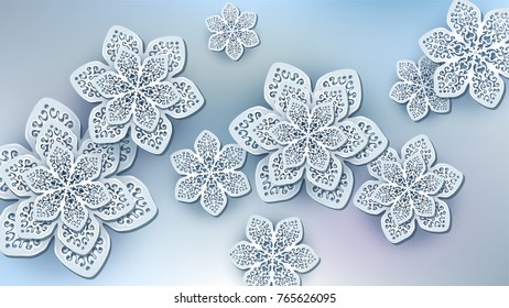 Abstract background with big elements. Openwork snowflakes like flowers. Light blue ang grey colors. Vector illustration.
