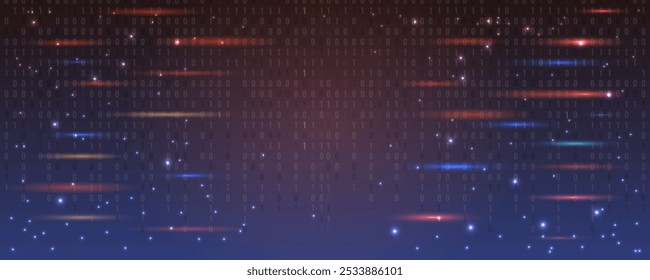 Abstract background with binary code, glowing red-orange lines and flashes of light. Website template, presentation