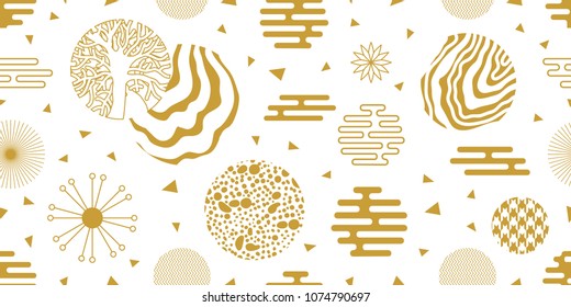 Abstract background with bionic motifs. Seamless white and golden vector pattern with ornate circles, flowers and other geometric elements. 