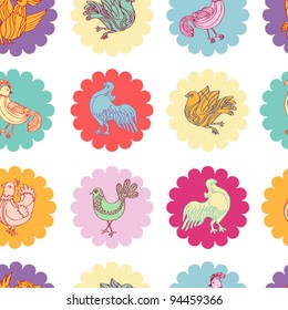 Abstract background with birds, colorful vector wallpapers, trendy seamless patterns, creative fabrics, retro wrappings with graphic birds, geometric flowers ornaments; Summer, spring theme for design