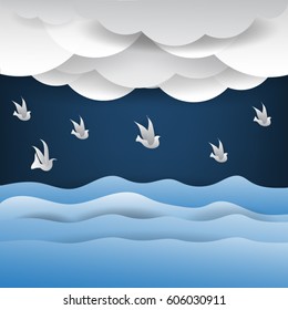 abstract background, Birds on the sky with a cloud and sea  ,  vector illustration