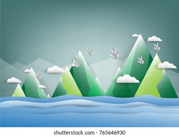 abstract background, Birds on the sky with a cloud with sea and Mountain  , vector illustration