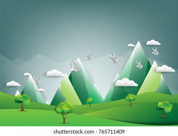abstract background, Birds on the sky with a cloud with  Mountain  , vector illustration