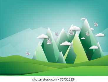 abstract background, Birds on the sky with a cloud with  Mountain  , vector illustration