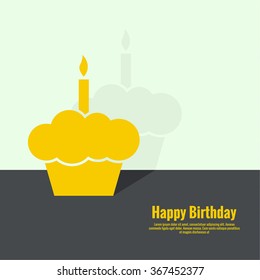 Abstract background with birthday cupcake and  lighted candle. flat shadow