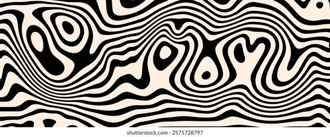 Abstract background with black and beige wavy lines. The background features a bold, psychedelic style with beige and black colors. Psychedelic pattern background vector. Beige background.