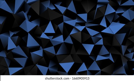 Abstract background with black and blue geometric triangular shapes. Modern space drawing. 3D rendering.