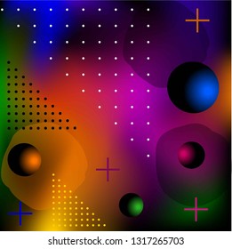 Abstract background. Black and color dots, crosses, 3d balls on a colorful background.