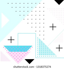 Abstract background. Black and color dots, crosses, triangles, arrows on a white background.