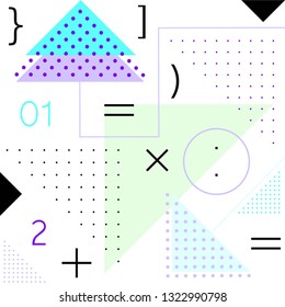 Abstract background. Black and color dots, crosses, triangles, arrows on a white background.