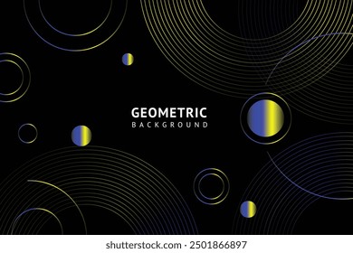 Abstract background black and colorful geometric circle lines pattern. Minimal modern banner. Futuristic, digital technology. Banner, flyer, cover, and brochure