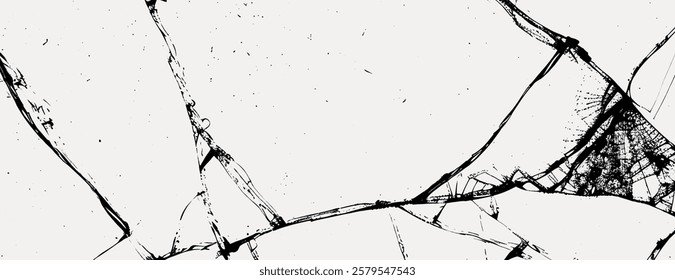 Abstract background with black cracked lines on a white background, creating a textured, fractured appearance. White and black dominate the design. Cracked glass background vector. White background.