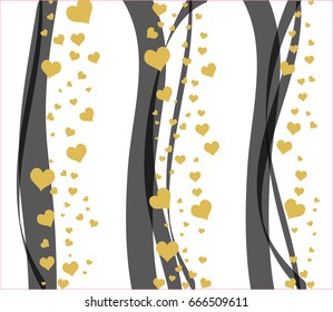 Abstract background with black curve line and gold hearts. chaotic seamless pattern. Vector gold big and small hearts. Pattern For fabric or design project.