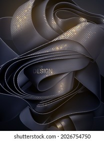 Abstract background. Black curvy fabric ruffles with golden glitters. Vector 3d illustration. Abstract layered textile shape. Wallpaper with folded black ribbon.