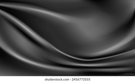 Abstract background black drapery fabric 3D silk with folds.Horizontal banner with copy space.Vector stock illustration.