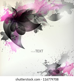  abstract Background with black flower and  blots. Vector design