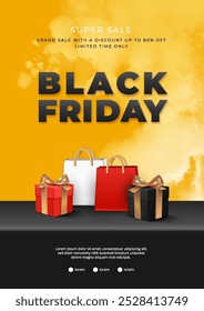 Abstract background of Black Friday sales with watercolor drawing, shopping bag, gifts on black podium