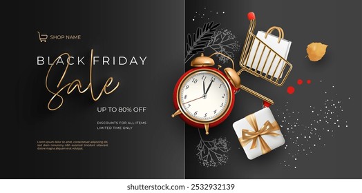 Fundo abstrato das vendas da Black Friday com carrinho de compras dourado, presentes e despertador