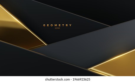 Fondo abstracto con formas geométricas de color negro y dorado. Ilustración vectorial 3d. La geometría da forma al fondo. Decoración de carteles o de afiches.