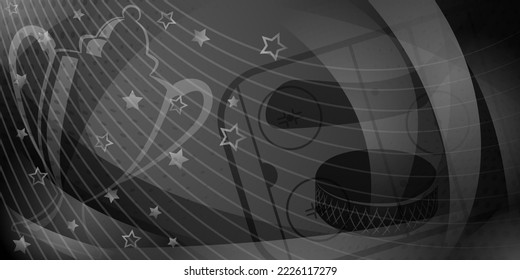 Abstract background in black and gray colors with different hockey symbols such as puck, stick, ice rink, cup