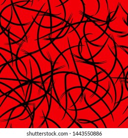 Abstract background black hair on red background, seamless pattern, vector