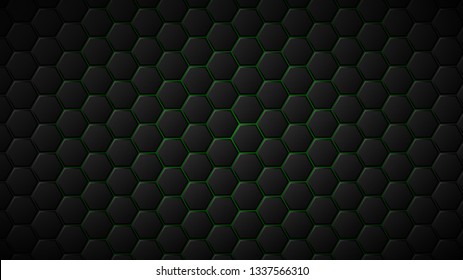 Abstract background of black hexagon tiles with green gaps between them