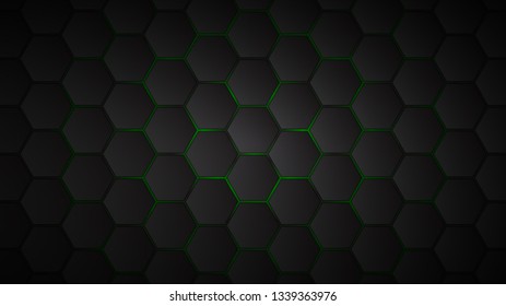 Abstract background of black hexagon tiles with green gaps between them