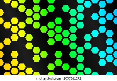 Abstract background with black hexagons and yellow green blue backlight. Vector