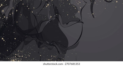 Abstrakter Hintergrund mit schwarzer Tinte, Wellendesign und luxuriösen und eleganten Goldspritzer. Modernes Hintergrundkonzept für Einladungen und Auszeichnungen. EPS 3