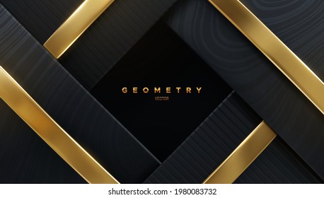 Abstract background. Black layers with wavy engraved texture and golden ribbons. Vector 3d illustration. Geometry shapes backdrop. Decoration frame for banner or poster design.
