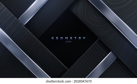 Antecedentes abstractos. capas negras con textura ondulada y cintas plateadas. Ilustración vectorial 3d. La geometría da forma al fondo. Marco de decoración para el diseño de pancartas o carteles.