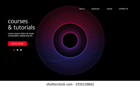 Abstract background. Black background with a linear swirl. Bright element. Template for a landing page, cover, banner. Design for a website.