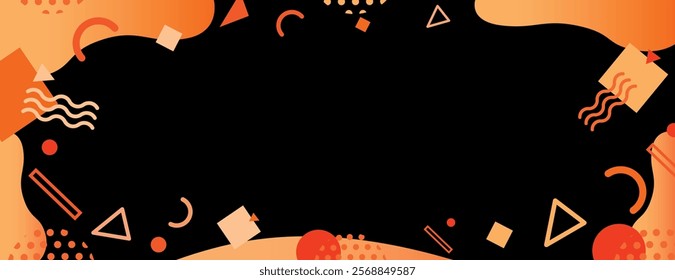 Abstract background with black background and orange geometric shapes. The background features a smooth, vibrant orange and black design. Memphis pattern frame background.