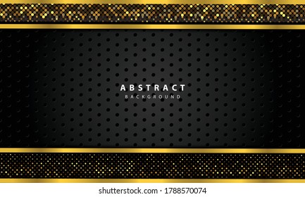 abstrakter Hintergrund mit schwarzen Überlappungsschichten. Textur mit goldener Linie und goldener Glitter Punkte Element Dekoration.