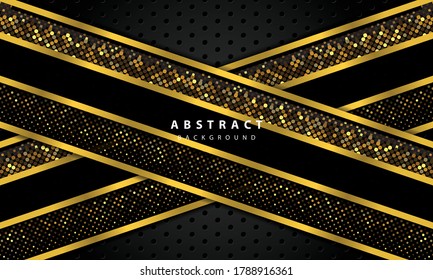 abstrakter Hintergrund mit schwarzen Überlappungsschichten. Textur mit goldener Linie und goldener Glitter Punkte Element Dekoration.