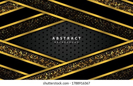 abstract background with black overlap layers. Texture with gold line and gold glitters dots element decoration.
