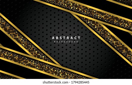abstract background with black overlap layers. Texture with gold line and gold glitters dots element decoration.