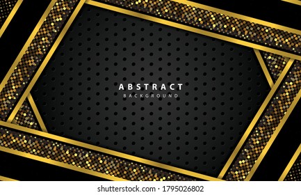 abstract background with black overlap layers. Texture with gold line and gold glitters dots element decoration.