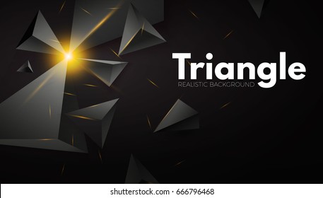 Abstract Background with Black Realistic Triangles and Gold Light Effects. 3D. Futuristic Space. Vector illustration