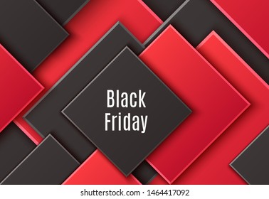 Abstract background with black and red layered rhombus. Vector minimalistic paper cut geometric pattern. Design concept for celebrating card of Black Friday, sales season